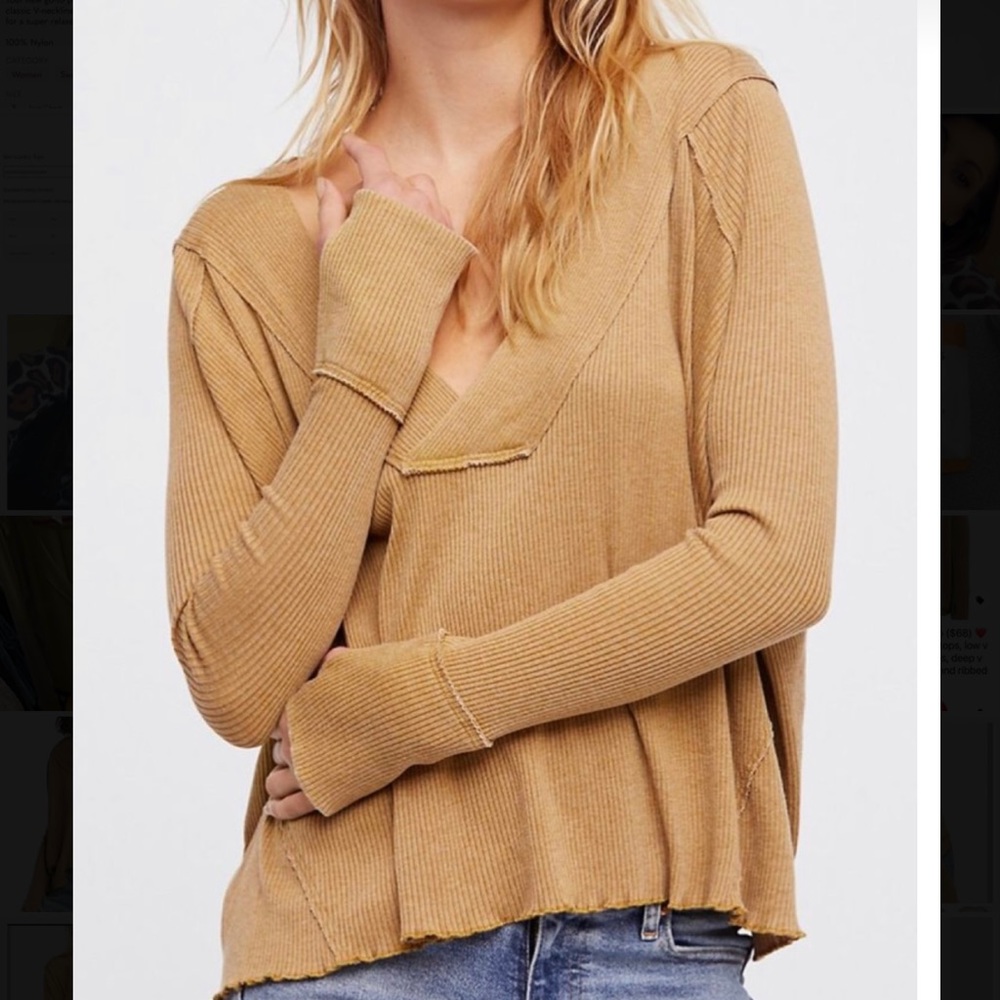 Free People Oceanview Plunging V-neck Slouchy Cotton Blend Rib Top